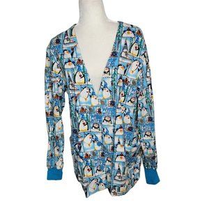 Peaches Womens Scrub Jacket Shirt Size Medium Penguins Nurse Vet Med Tech Cotton